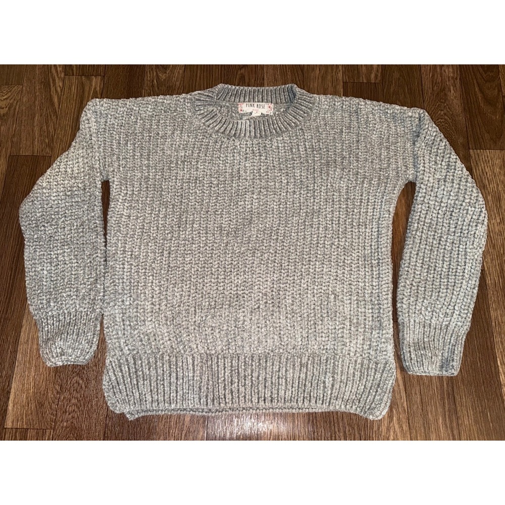 Pink Rose Girl Grey Chenille Lace Up Back Sweater Size L‎ 14 KF0S21208BV